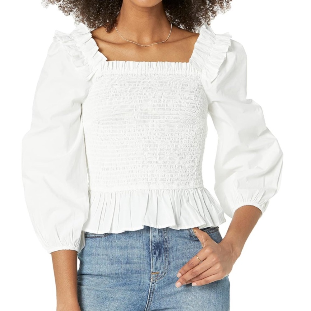 The Drop White Marisol Ruffled Smocked Top Size XS